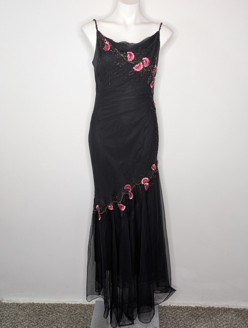 Vintage Y2K Xscape Black Pink Embroidered Beaded Floral Evening Gown Dress 8